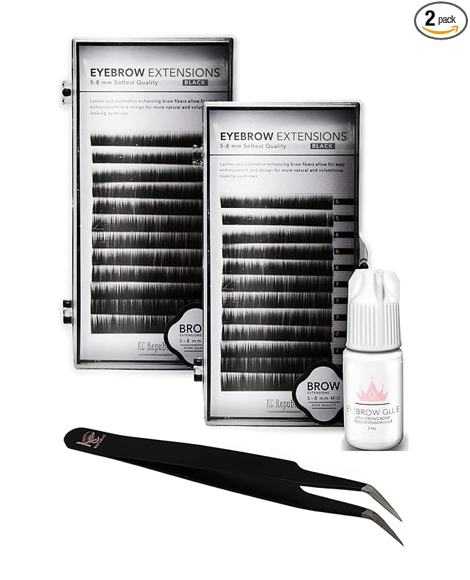Eyebrow Extensions Kit with 2 Trays of Mink False Eyebrows in Black, Eyebrow Extension Glue Clear & Extension Tweezers, Comes on Mixed Length Trays 5-8 mm Mix (Black 2-Pack Tray, Tweezer)