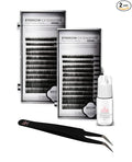 Eyebrow Extensions Kit with 2 Trays of Mink False Eyebrows in Black, Eyebrow Extension Glue Clear & Extension Tweezers, Comes on Mixed Length Trays 5-8 mm Mix (Black 2-Pack Tray, Tweezer)