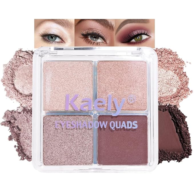 4 Colors Champagne Cream Shimmer Eyeshadow Palette, Dusty Pink Rose Gold Dark Brown Quads, Highly Pigmented Waterproof, Natural Everyday Makeup for Women, sombras de ojos, Vegan & Cruelty-Free