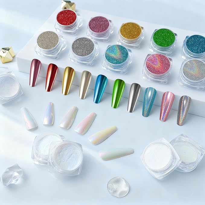 16 Jars Chrome Nail Powder Nail Art Glitter Decoration Metallic Mirror Effect Holographic Aurora Pearl Mermaid White Pigment Powder Kit for Resin Craft Nail Art - Aurora Phantom