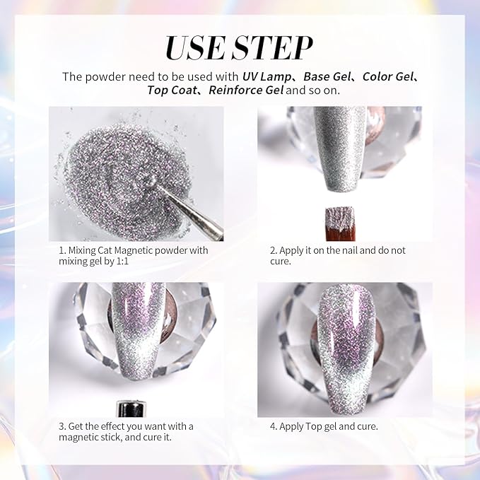 Born Pretty Cat Magnetic Eye Nail Powder Auroras Holographic Iridescent Nail Chrome Powder Chameleon Nail Powder Holographic Effect Glitter Pigment Dust for Nail Art Manicure DIY Design