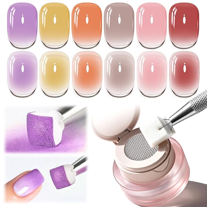 JODSONE Cushion Painting Gel Polish Set 6 Colors with 50 PCS Soft Nail Sponges & Grabbing Pen for Ombre Nails Aura Blush & Nails Art Design Nail Art Salon Use at Home