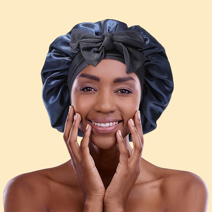 AWAYTR Women's Large Satin Sleep Cap Nightcap with 3 Bonus Satin Hair Scrunchies (Navy)