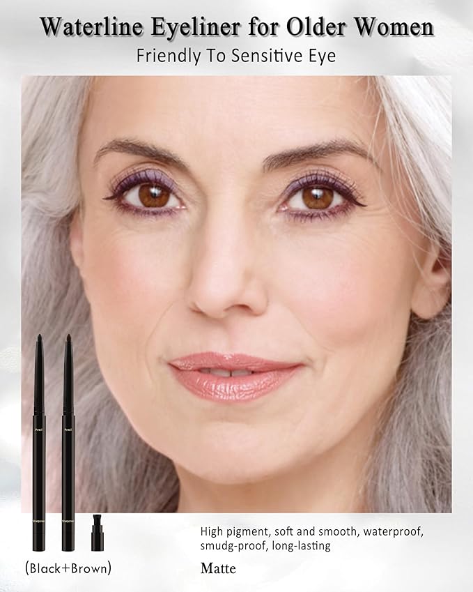 Black+Brown Gel Eyeliner for Older Women,Waterproof Smudge-Proof Retractable Eye Liner Pencil, Long Wear, Matte Cream Eyeliner Waterline with Sharpener,Eye Liner for Mature Women Sensitive Eyes-2Pcs