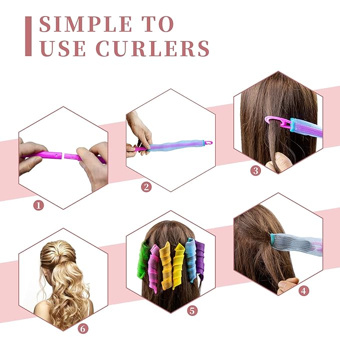 Spiral Hair Curlers (21.8 Inch) - No Heat Hair Rollers - 30 Pieces in Pink, Orange, Blue, Green, Yellow and Purple with 2 Styling Hooks