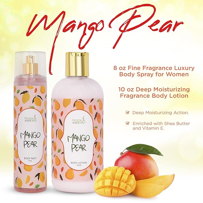 Home Spa Gift 10oz Deep Moisturizing Fragrance Body Lotion & 8 oz. Fine Fragrance Body Mist Set Luxury Self-Care Combo for Women and Girls (Mango Pear) – Mother's Day Gift for Mom