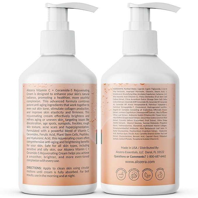 Alozera Vitamin C Ceramide Moisturizer Cream, Rejuvenating Face & Body Lotion with Plant Stem Cell, Helps Brighten and Even Skin Tone, Non-Greasy, Lightweight, Fragrance-Free, 16.9 oz (2-Pack)