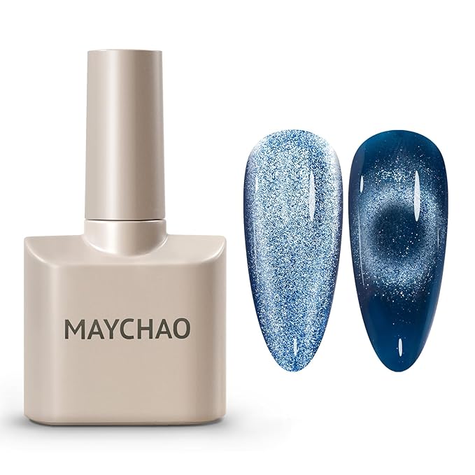 MAYCHAO 15ML Blue Cat Eye Gel Nail Polish 1Pc Denim Blue Holographic Magnetic Gel Polish Soak off UV LED Nail Lamp Curing Needed Nail Polish for Nail Art Manicure Salon DIY at Home, 0.5 OZ