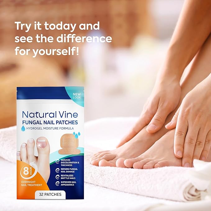 Natural Vine Fungal Nail Patches: Hydrogel Moisture Formula for Toenail and Fingernails - 8-Hour Nighttime Renewal with 1% Tolnaftate - Toenail Fungus Treatment Extra Strength 32 Patches