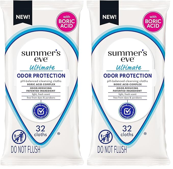 Summer's Eve Ultimate Odor Protection Daily Feminine Wipes, Gentle pH-Balanced Formula with Boric Acid Cleanses & Removes Vaginal Odor, Resealable Pack, 32 Body Wipes (Pack of 2)
