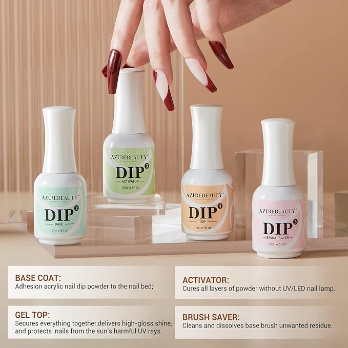 AZUREBEAUTY 4+4pc Dip Powder Liquid Set, 15ml/0.5oz, with Base/Top Coat, Activator, Brush Saver, Nail File– Fast Drying Formula, No UV Light Needed ﻿