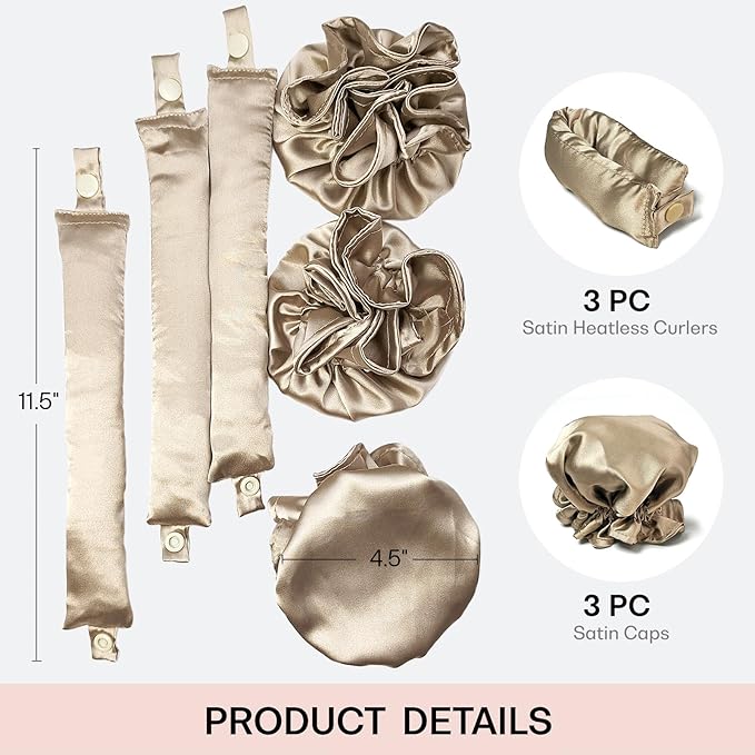Satin Heatless Hair Curler 3Sets/6PCS, Flexi Rod for All Hair Types, No Heat Curlers to Sleep In - C-3Sets-Golden