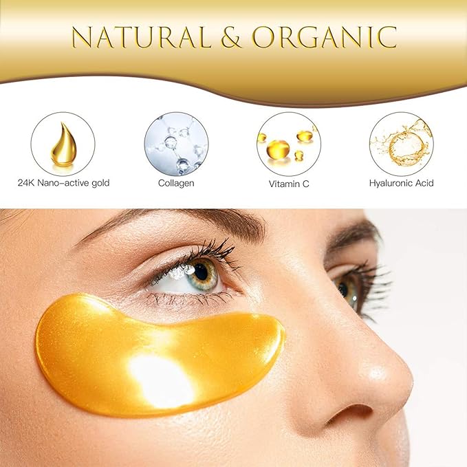 24K Gold Under Eye Patches (16 Pairs), Collagen Eye Masks for Dark Circles and Puffiness, Eye Patches for Women Puffy Eyes, Revitalizes and Refreshes Your Skin