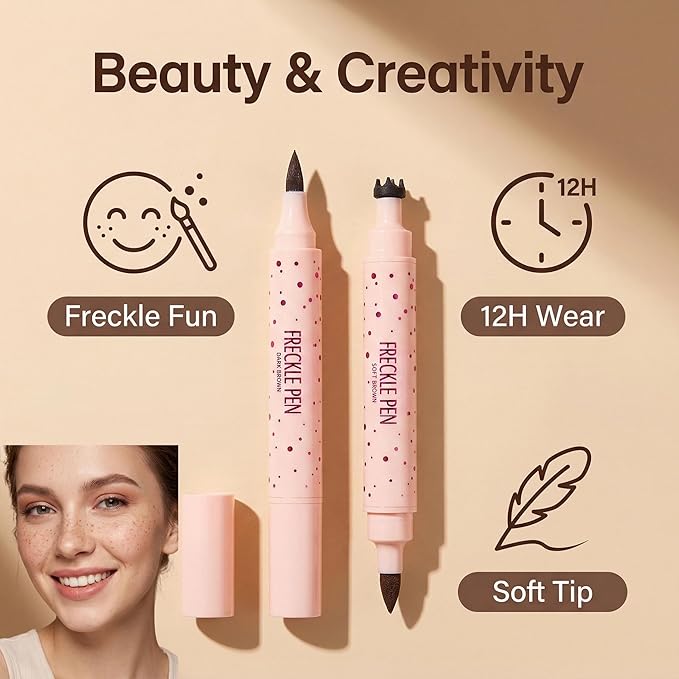 3-in-1 Freckle Stamp Freckle Pen & Eyebrow Pen : 4-Point Stamp for Natural Faux Freckles, Waterproof & Long-Lasting. Dual-Ended Multi-Tool for Brows & Sunkissed Looks (2PC Soft Brown&Dark Brown)