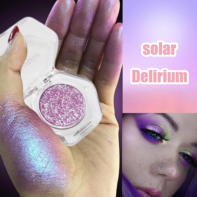 Chameleon Eyeshadow Collection, 14 Shades, Glitter Pressed Powder, Iridescent Shimmer Colors. (Solar Delirium)