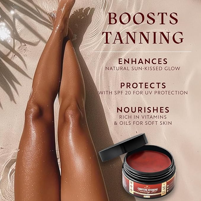 Carotene Tanning Gel for Deep Natural Tan – Tanning Accelerator with Coconut Oil, Carrot Extract & Vitamin E – Bronzing Body Moisturizer for Indoor & Outdoor Use 100g