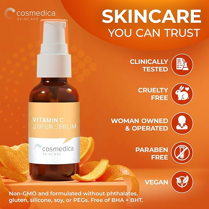 Cosmedica Vitamin C Serum for Face with Hyaluronic Acid & Vitamin E – Brightening Anti-Aging Serum for Dark Spots, Fine Lines & Wrinkles, Lightweight Collagen Booster, 1 fl oz
