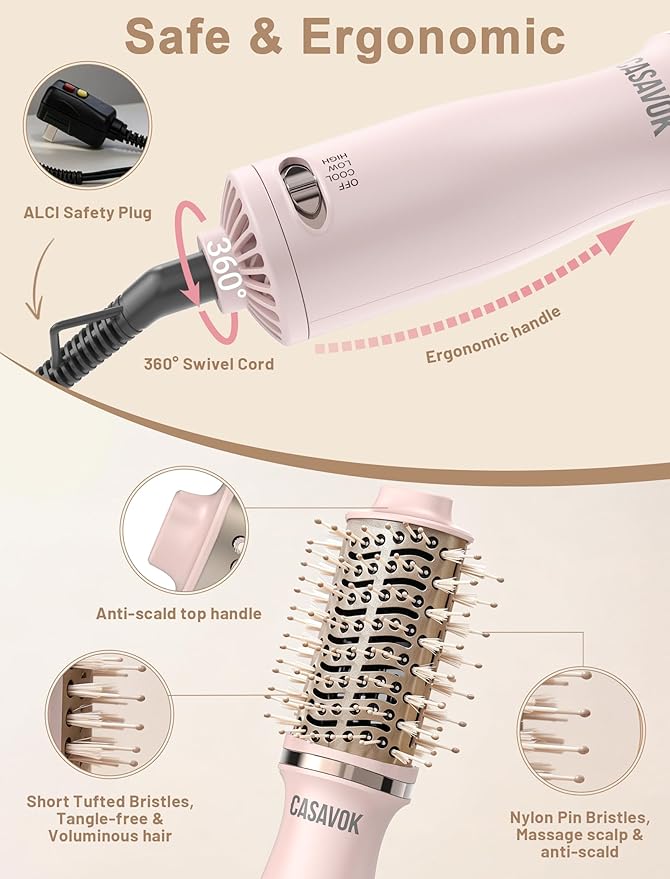 Dual Voltage Hair Dryer Brush for Travel, 4 in 1 Mini Hot Air Brush Blow Dryer Brush for Short Hair, 2 Inch Oval Curling Straightener Volumizer, 120-240V Dual Voltage with EU/UK Adapters, Pink