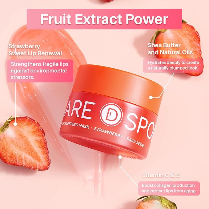 SPODARE Sleeping Lip Mask Strawberry - Overnight Lip Treatment, Lip Care Hydration, Repair for Dry Cracked Lips, Vitamin C, Soft and Nourished Lips Overnight, Christmas, with Shea Butter - 20g