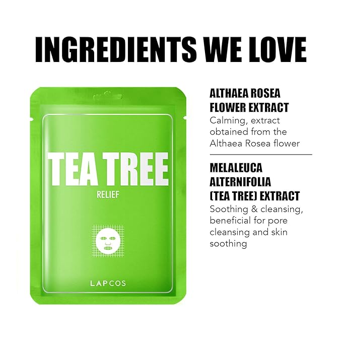 LAPCOS Derma Tea Tree Sheet Mask - Soothing & Calming Face Mask with Althaea Flower Extract for Irritated & Sensitive Skin - Breathable, Lightweight TMF-Cell Sheet - Korean Skin Care (Pack of 5)