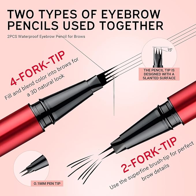 Vevivia 2 Pack Eyebrow Pen with Brush, 4 Tip&2 Tip Waterproof Eyebrow Pencils for Women, Microblading Eyebrow Pencils for All Brow Types to Create Hair-Like Brows, Non Dry Out, All-Day Wear,Black