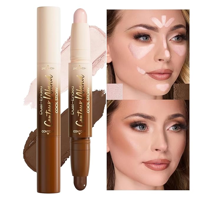 Dual-Ended Contour & Highlight Stick Cream Waterproof Contour Stick, Buildable Formula for Natural Definition and Sculpting, Flawless Cheeks, Jawlines, and Nose Contours(TAN)