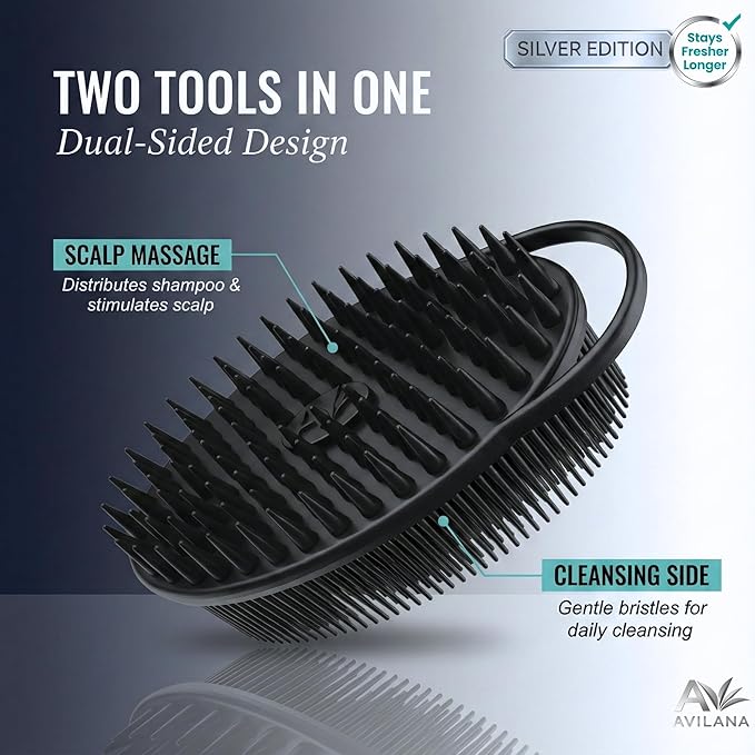 Avilana Silver Edition Scalp Massager Shampoo Brush - Silver-Ion Infused Silicone Scrubber, ISO Tested Soft Bristles, Stays Fresh All Hair Types Gentle Scalp Care Color Treated Safe Women Men Curly