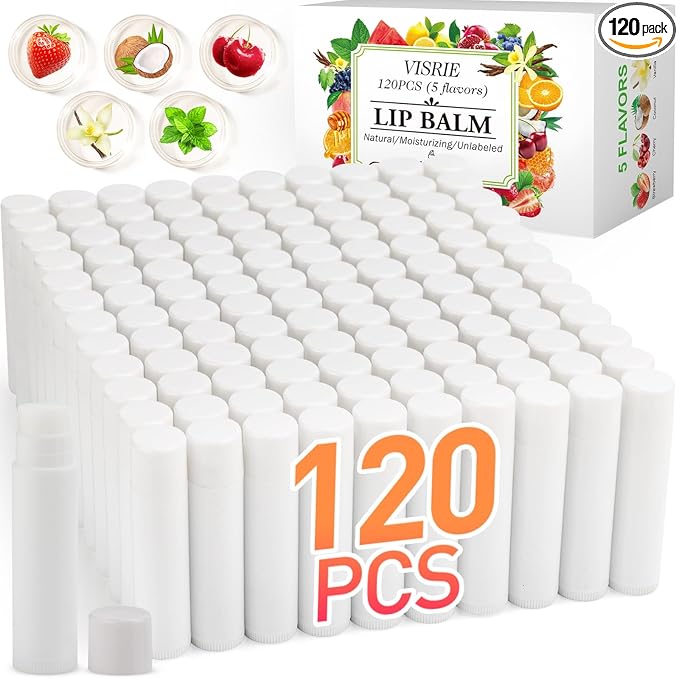 VISRIE 120 Pack Lip Balm Unlabeled, Natural Lip Balm Bulk Blank Tube, Personalized Lip Balms for Party Favors Adults and Bridal Shower Favors or Baby Shower Gifts-5 Flavors