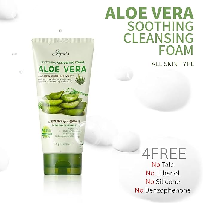 esfolio Aloe Vera Soothing Cleansing Foam – Gentle Hydrating Face Wash for Sensitive Skin, Moisturizing Facial Cleanser (5.29oz -150g)