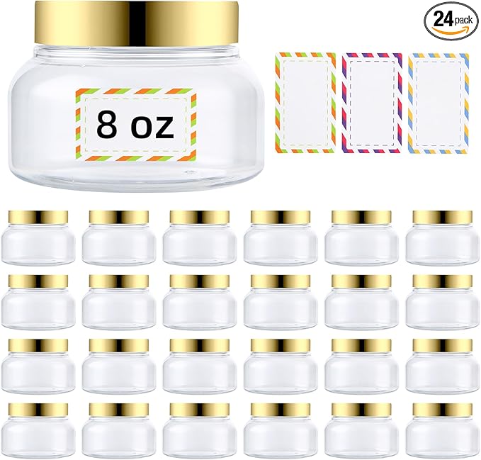 24 Pack 8 Oz Plastic Containers With Lids and Waterproof Label BPA Free - Refillable Transparent Cosmetic Containers for Body Butter,Sugar Scrubs,Cream,Lotions,Candy,Bath Salt (Gold, 8 oz)