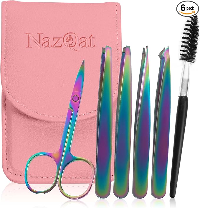 6-Piece Precision Eyebrow Tweezers for Women & Men - Professional Eyebrow & Facial Hair Grooming Kit with 4 Tweezers For Eyebrows, Eyebrow Scissors & Brush - Stainless Steel Tools in Leather Case