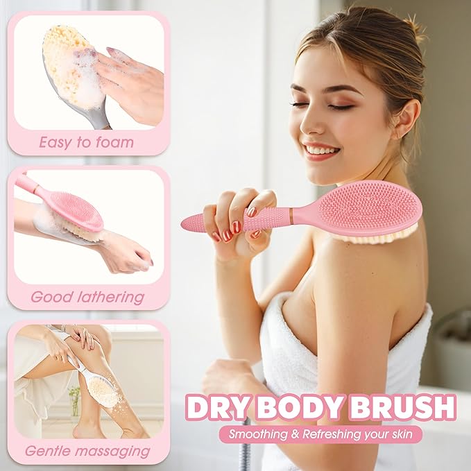 Foot Brush & Back Scrubber Set, 27.5'' Adjustable Foot Scrubber for Shower, 18.9'' Shower Back Scrubber with 3-Length Usage, Great Aid for People with Limited Mobility(Pink Set)