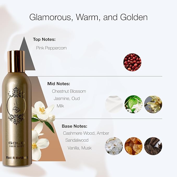 ATYAB AL MARSHOUD Khisla Gold Hair Mist Perfume 125ml - Lightweight and Long-Lasting Hair Perfume for Women with Oud, Jasmine & Vanilla, Luxurious Fragrance Spray