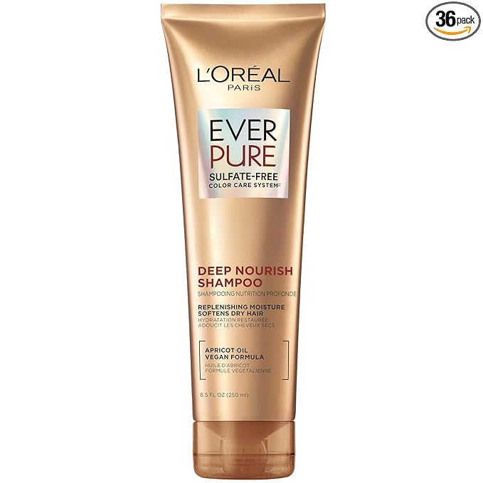 L'Oreal Paris Shampoo,Sulfate Free,Triple Action Hydration for Dry Hair,EverPure,8.5 Fl Oz (Packaging May Vary),Damaged,Color-Treated Hair,Apricot Oil Infused,Deep Nourish,(Pack of 36)