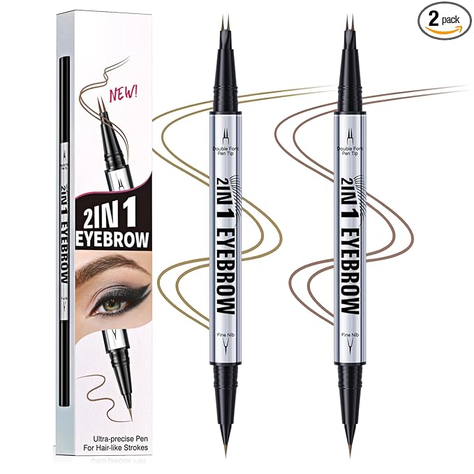 2 Pack Hair Like Eyebrow Pen Set, Long-Lasting Microblading Eye Brow Pencil for Natural Brows, 2-IN-1 Beginners & Daily Use Eyebrow Pencils for Women, Waterproof & Smudge-Proof Brow Tint