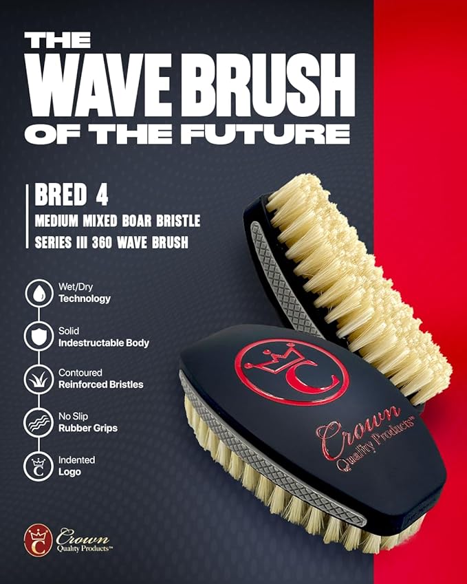 New BRED Medium LIMITED EDITION 360 Sport Wave Caesar 2.0 Mixed Boar Bristle Hairbrush - Curved Bristles, Non-Slip Grip, Waterproof, Matte Black Indestructible Body - The Ultimate 360 Wave Brush