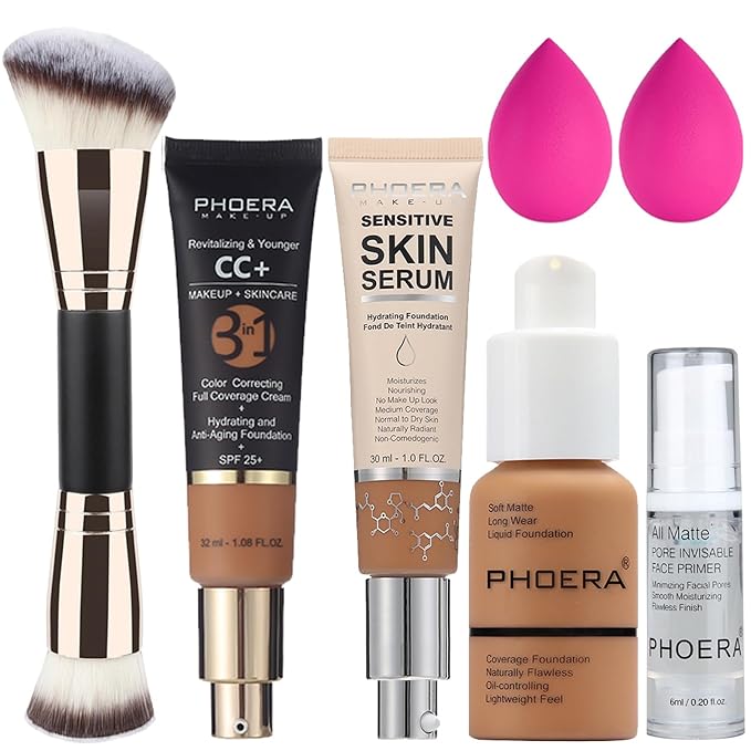 PHOERA Foundation Full Coverage, CC+ Cream, Matte Finish for Mature Skin, Primer (108+180CC+N05 Tan)