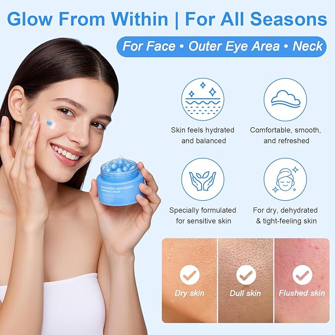 Hyaluronic Capsule Cream | Long-Lasting Lightweight Moisturizing Capsule Cream Gel Soothing Barrier Repair Glowing Skin | Ceramides Copper Peptides Panthenol | All Skin Types, 2.12 oz