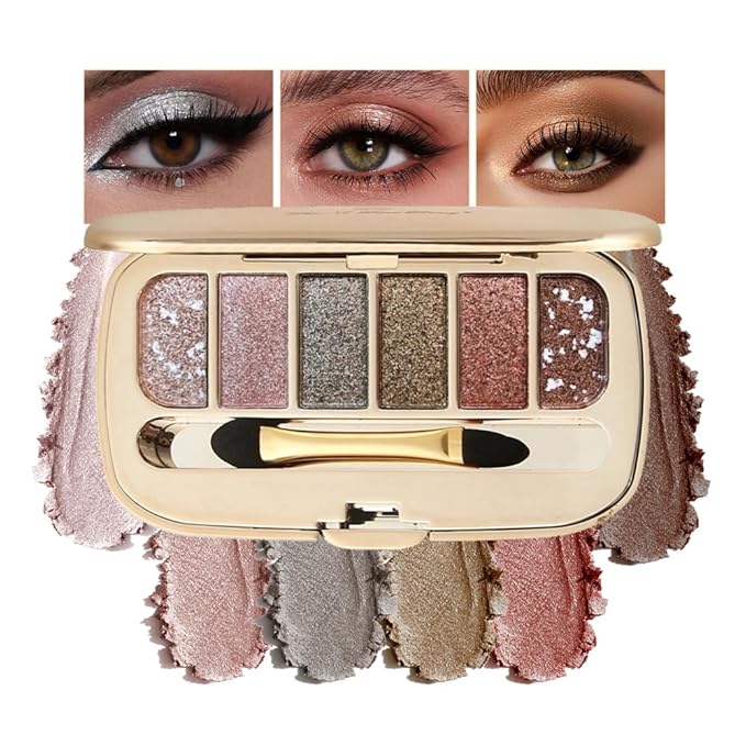 Mivota 6 Colors Pink Gold Brown Glitter Eyeshadow Palette, Diamond Shimmer Eye Shadow Set with Dual-Ended Brush, Waterproof Long-Lasting Makeup Palette for Daily/Party Looks, Travel Size, 06