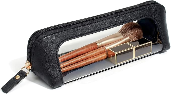 LETGO Clear Makeup Bag Travel Cosmetic Case Transparent Toiletry Bag with Zipper, Portable Make Up Organizer Traveling Compact Car Bag for Essentials (Slim, Black)