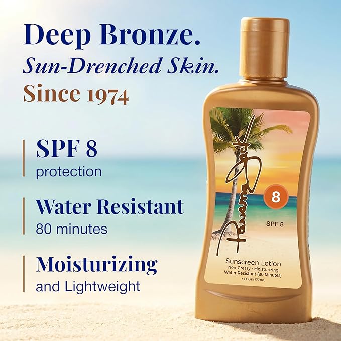 Panama Jack Sunscreen Tanning Lotion - SPF 8, PABA, Paraben, Gluten & Cruelty Free, Antioxidant Moisturizing Formula, Water Resistant (80 Minutes), 6 FL OZ