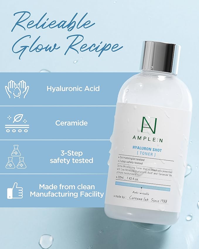 Hyaluron Shot Toner – Korean Hyaluronic Acid and Ceramide Hydrating Face Toner - Moisturizing Essence for Minimizing Wrinkles – Dewy Healthy Glow Skin Booster for Dry and Sensitive Skin, 7.43 fl.oz.