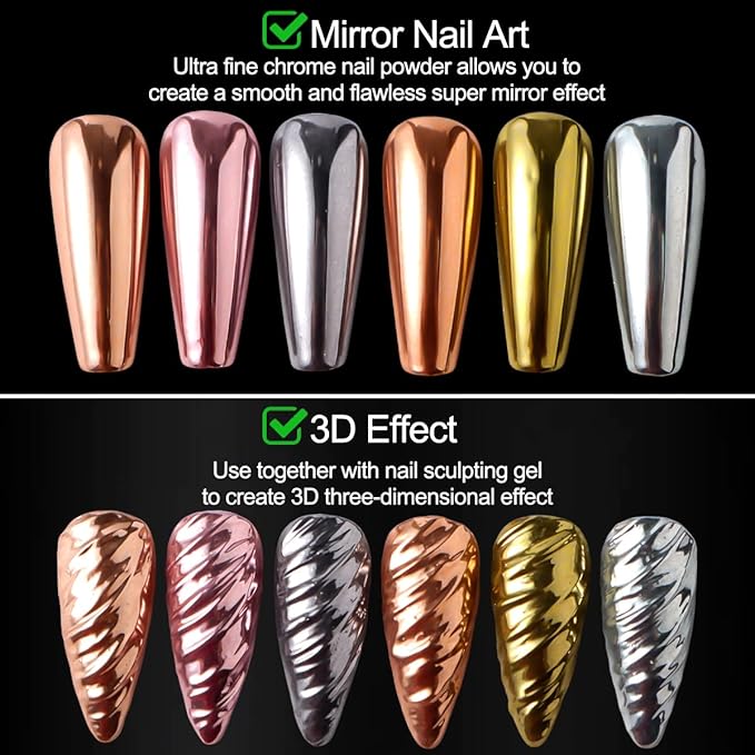 6 Colors Chrome Nail Powder Kit, Rose Gold Bronze Black Chrome Powder for Nails, Magic Mirror Effect Pigment Metallic Rubbing Dust Fine Glitter Powders for Gel Polish Nail Art Decoration