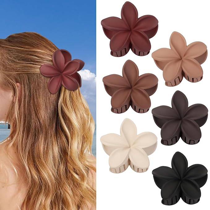 CHANDAT Flower Hair Clips 6 PCS Hawaiian Claw Clips for Vacation Hibiscus Hair Claw Cute Large Hair Clips for Thick and Thin Hair Plumeria Hair Accessories for Women Girls -Brown Scarlet