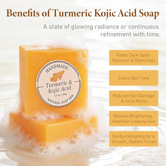 Kojic Acid Turmeric Soap Bar, Dark Spot Remover for Face & Body, Turmeric Soap to Fade Dark Spots, Even Skin Tone Brightening Soap with Vitamin C & Tea Tree Oil for Acne Scars, 2 Bars