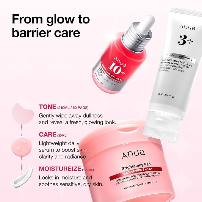 Anua Brightening Niacinamide Skincare Routine Set, Niacinamide TXA Toner Pad & Serum with Ceramide Face Moisturizer, Dark Spot Care & Hydration, Glass Skin Gift Set for Women, Korean Skincare Kit