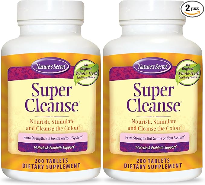 Nature's Secret Super Cleanse Extra Strength Toxin Detox & Gentle Elimination Body Cleanse, Digestive & Colon Health Support - Stimulating Blend of 14 Herbs with Probiotics - 200 Count (Pack of 2)