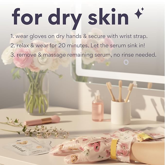 dearcloud x Keith Haring Infused Serum Hand Mask – hand masks moisturizing glove with Glycolic Acid & Shea Butter – Hand Mask for Dry Cracked Hands – Iris Rose Musk (3 Pairs/ 6 Gloves)