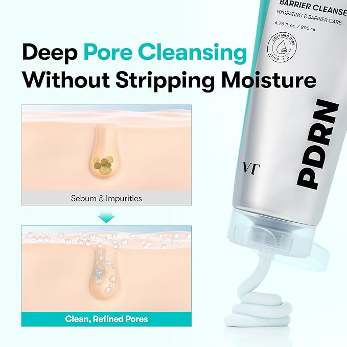 VT COSMETICS PDRN Barrier Cleanser, Gentle pH Balanced Facial Cleanser with PDRN, Ceramides & Panthenol, Hydrating Micro Foam Face Wash for Sensitive, Deep Cleansing Without Dryness, 6.76 fl.oz