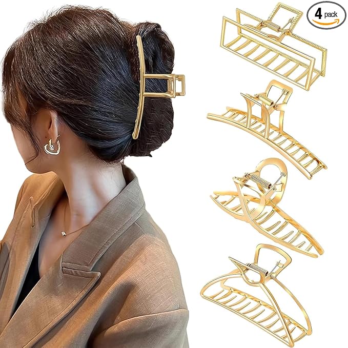 4 Pack Large Gold Hair Claw Clips for Women Thick Hair, French Design Metal Cross Banana Non-Slip Hair Catch Barrette Jaw Clamp Clips for Women and Girls